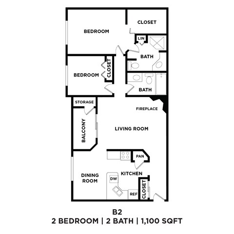 A black and white image of a floor plan for a 2 bedroom, 2 bathroom apartment.